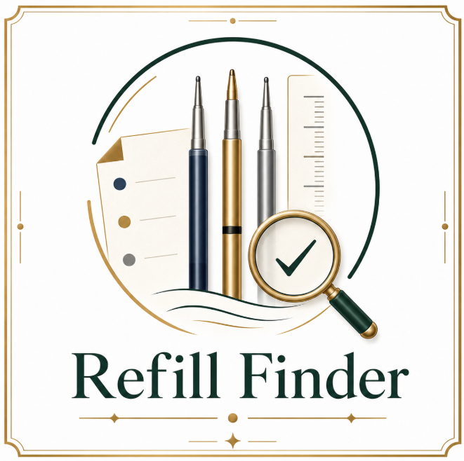 Pen refill size guide showing refill lengths and shapes for compatible replacement refills