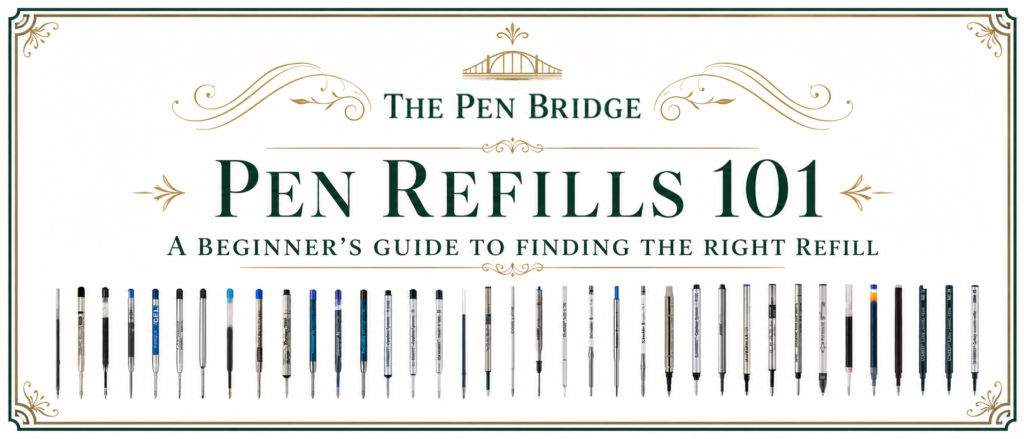 Pen refills 101 beginner guide showing ballpoint, gel, rollerball, D1 mini, Parker-style G2, and fountain pen cartridge examples
