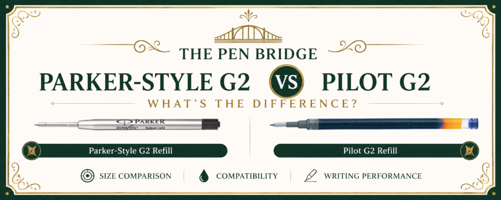 Parker-Style G2 vs Pilot G2 refill comparison showing the difference between the two G2 refill types