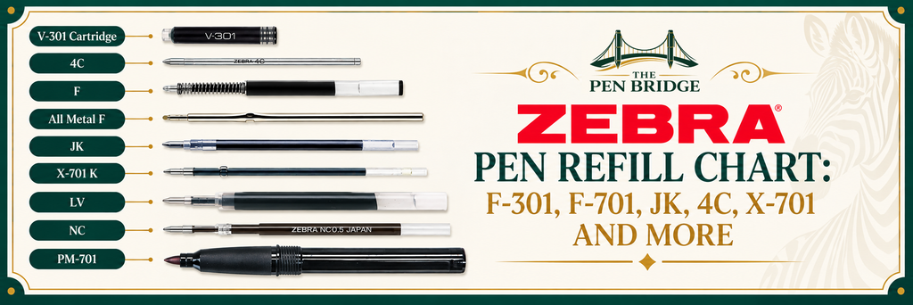 Zebra pen refill chart showing F-301, F-701, JK, 4C, X-701, LV, NC, PM-701, and V-301 refill options