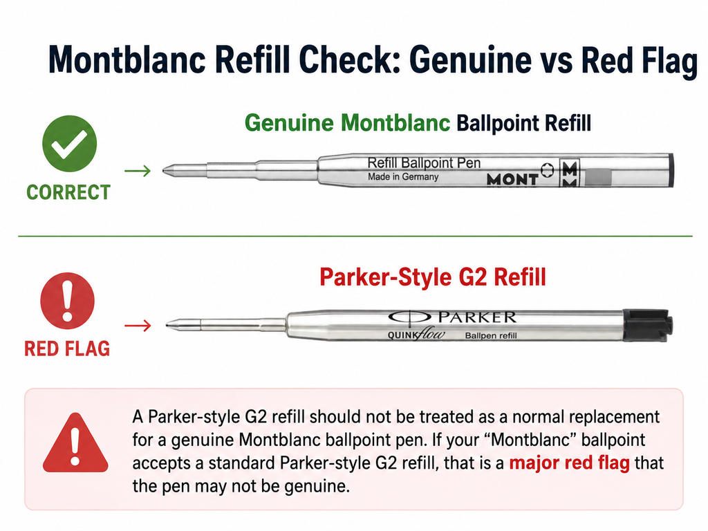 Montblanc ballpoint refill alternative warning showing genuine Montblanc refill vs Parker-style G2 refill red flag