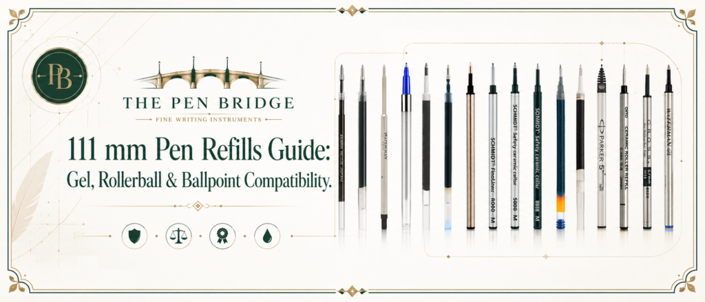 111 mm pen refill comparison with gel, rollerball, ballpoint, and proprietary refill types