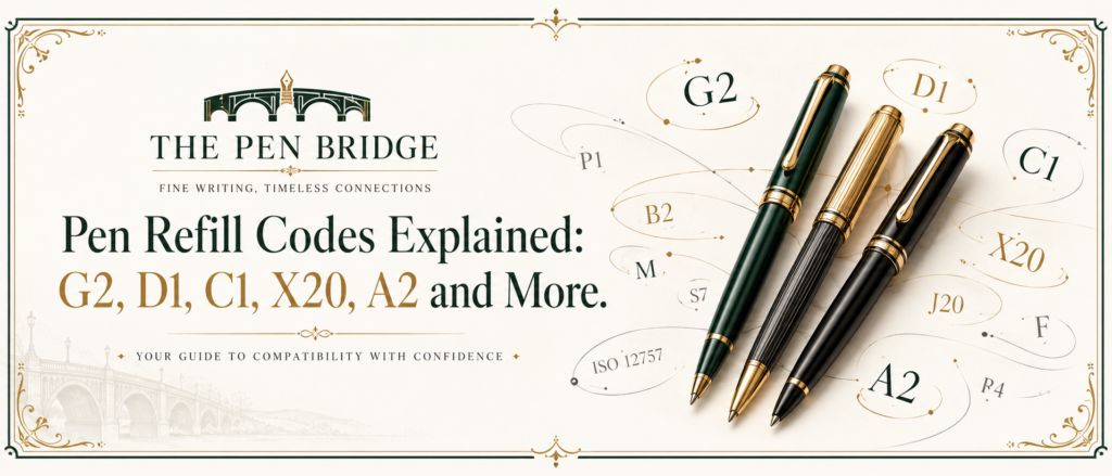 Pen refill codes explained with D1, Parker-style G2, C1, X20, A2, and 111 mm refill examples shown side by side