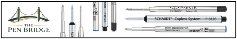 Pen refill anatomy showing tip, shoulder, body diameter, rear plug, and refill length