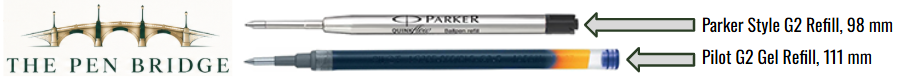 Parker-style G2 refill compared with Pilot G2 gel refill to show the difference between two commonly confused G2 refill types