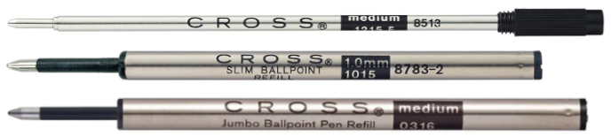 Cross ballpoint, Cross Slim, and Cross Selectip refills shown side by side for compatibility comparison