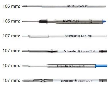 106 mm and 107 mm ballpoint refills shown side by side, including Lamy M16, Schmidt 700, and Schneider Express refills