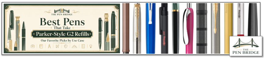 Parker-style G2 compatible pens organized by use case including classic, technical, modern, gift, and minimalist picks