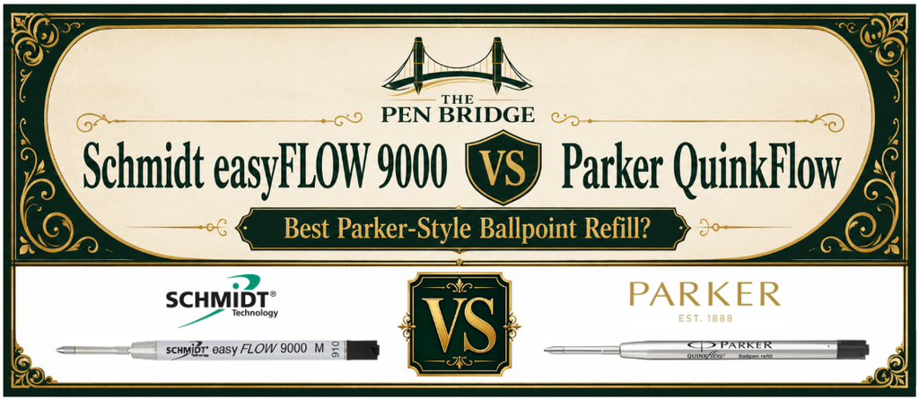Parker G2 hybrid vs classic ballpoint banner featuring Schmidt easyFLOW 9000 vs Parker QuinkFlow