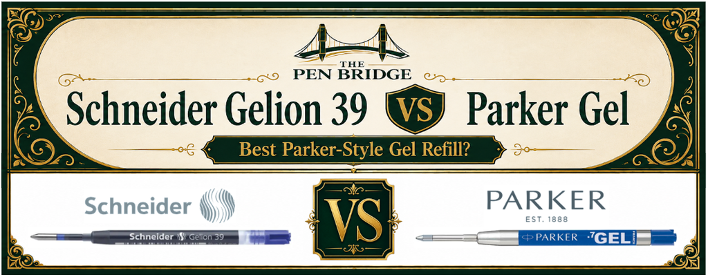 Parker G2 gel refill comparison banner featuring Schneider Gelion 39 vs Parker Gel