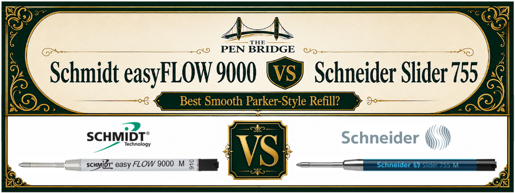 Smooth Parker G2 refill comparison banner featuring Schmidt easyFLOW 9000 vs Schneider Slider 755