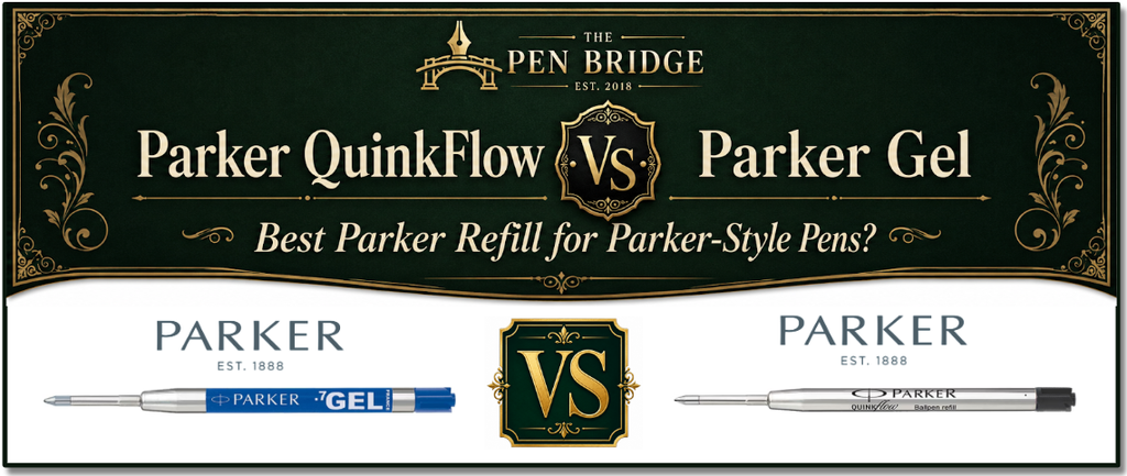 Parker G2 ballpoint vs gel banner featuring Parker QuinkFlow vs Parker Gel